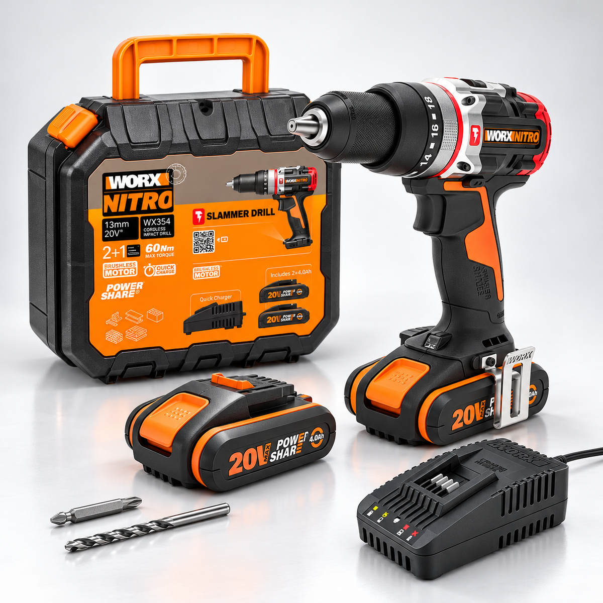 WORX WX354 SLAMMER 20V Brushless Impact Drill 60Nm Kit